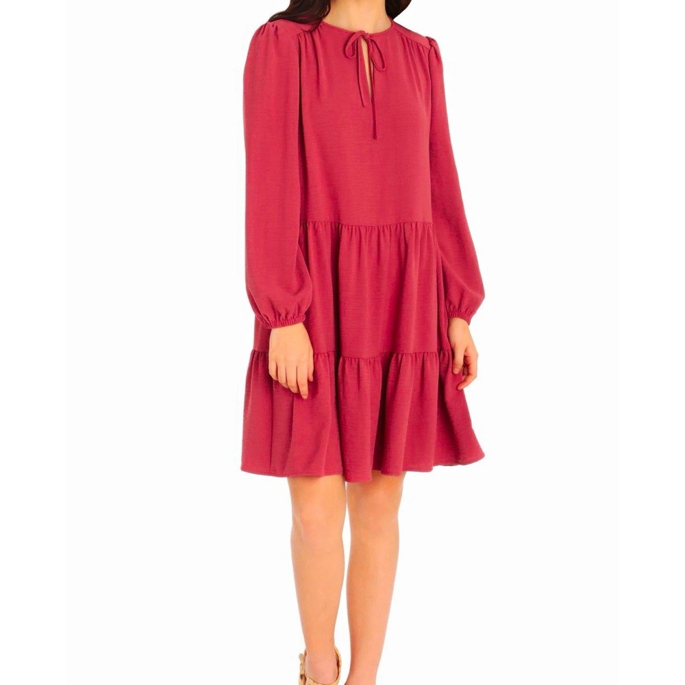 Maggy London Stock Tie Tiered Dress 4P Dusty Rose Boho Long Sleeve